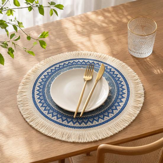 Yousheng Vintage Round Coasters, Pastoral Cotton Linen Placemats, Soft Jute Tassels Drink Mats, Handwoven Table Pads Mats Accessories