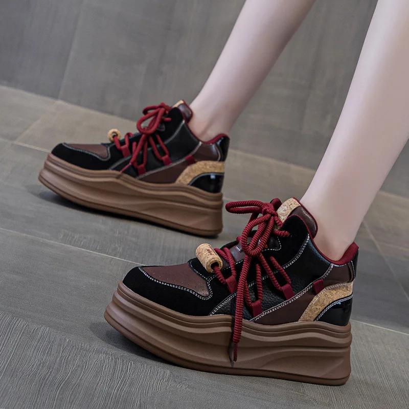 7CM Genuine Leather Platform Wedge Fashion Women Spring Comfy New Autumn Winter Chunky Sneakers Vulcanize Shoes Skateboard Shoes
