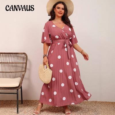 Dámská móda plus size Velký puntíkovaný potisk Výstřih do V Šněrování Skládané Dlouhé šaty