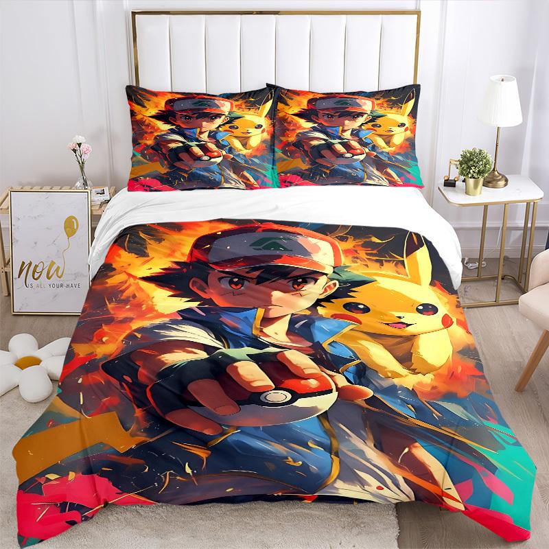3pcs Bedding Set Pokemon Trainer Pikachu Includes 1 Comforter + 2 Pillowcases, Without Pillow Inserts, Soft Comfortable, Lightweight Breatha