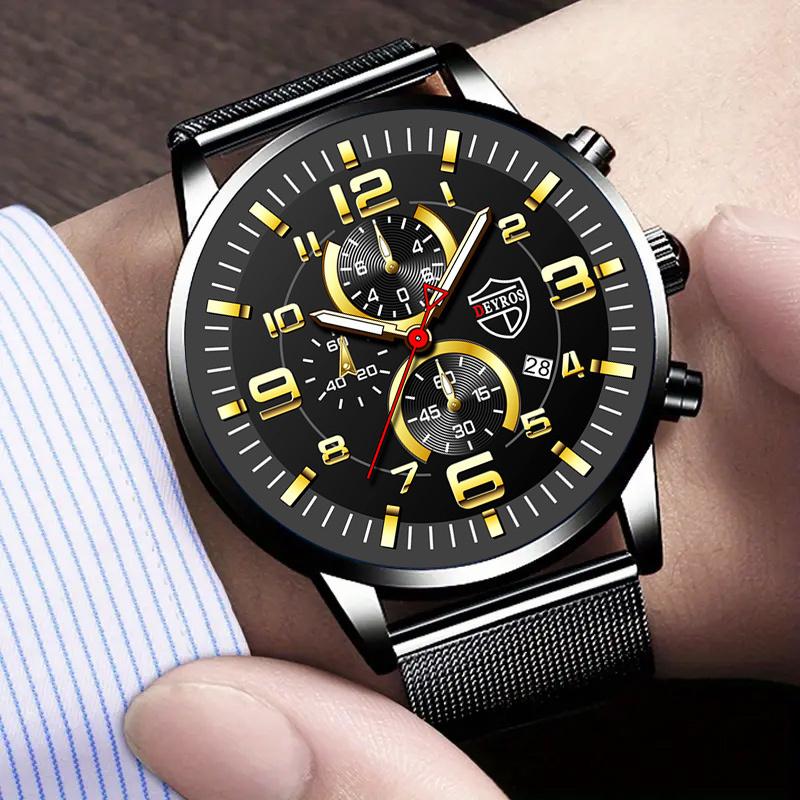 1pc Fashion Men's Calendar Business Quartz Watch, Men's Stainless Steel Mesh Band Watch with Box, Best Gifts for Him