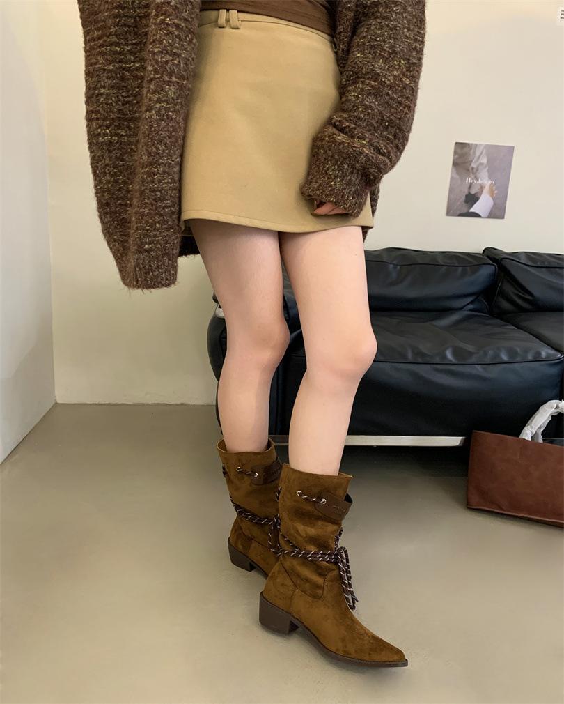 

Niche senior waste retro style platform boots 2025 autumn new matte fringed hemp rope thick heel high knight boots 39 коричневый