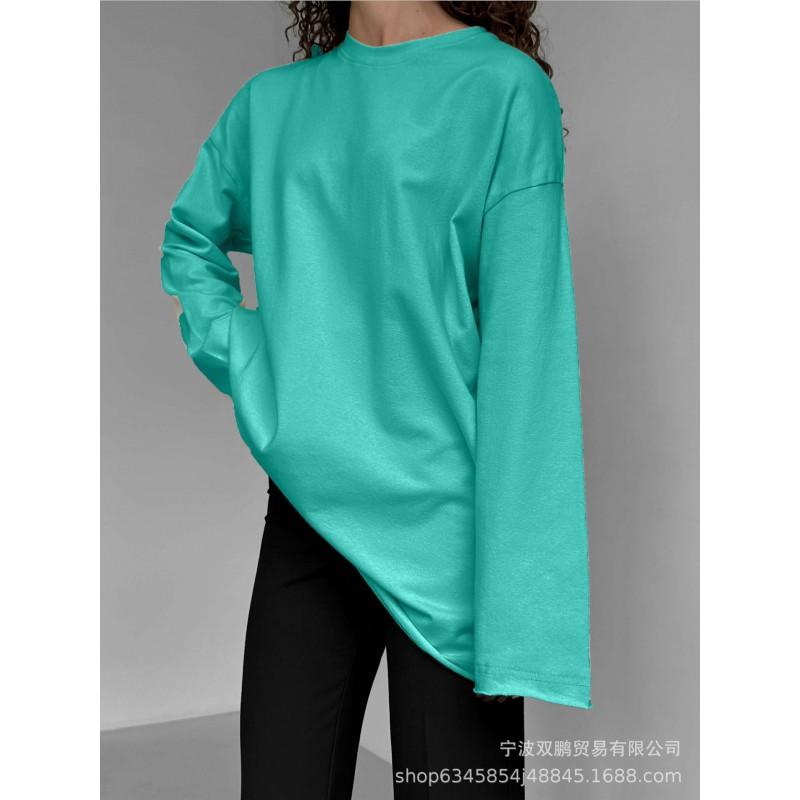 Womens Loose Fit Long Sleeve Cotton T-Shirt With Handcrafted Distressed Detail 2026 Casual Top