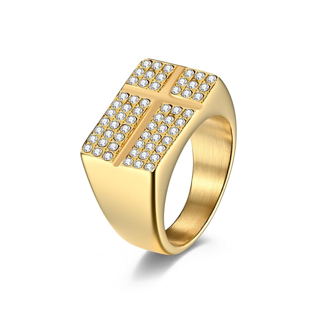 Hiphop Stainless Steel Shinny Zircon Cross Ring for Men PVD Gold Plated Jewelry