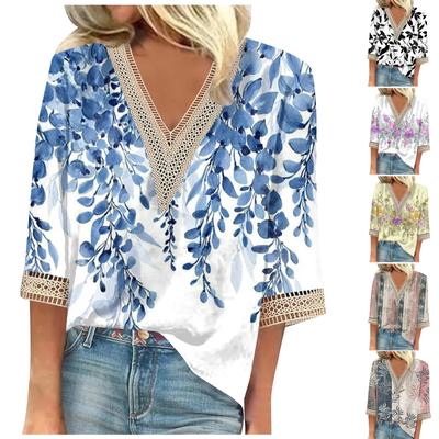 Women's Shirt Blouse Casual Loose Shirts 3/4 Sleeve Lace Trims Print V Neck Tops Print Tops T-shirts Tee