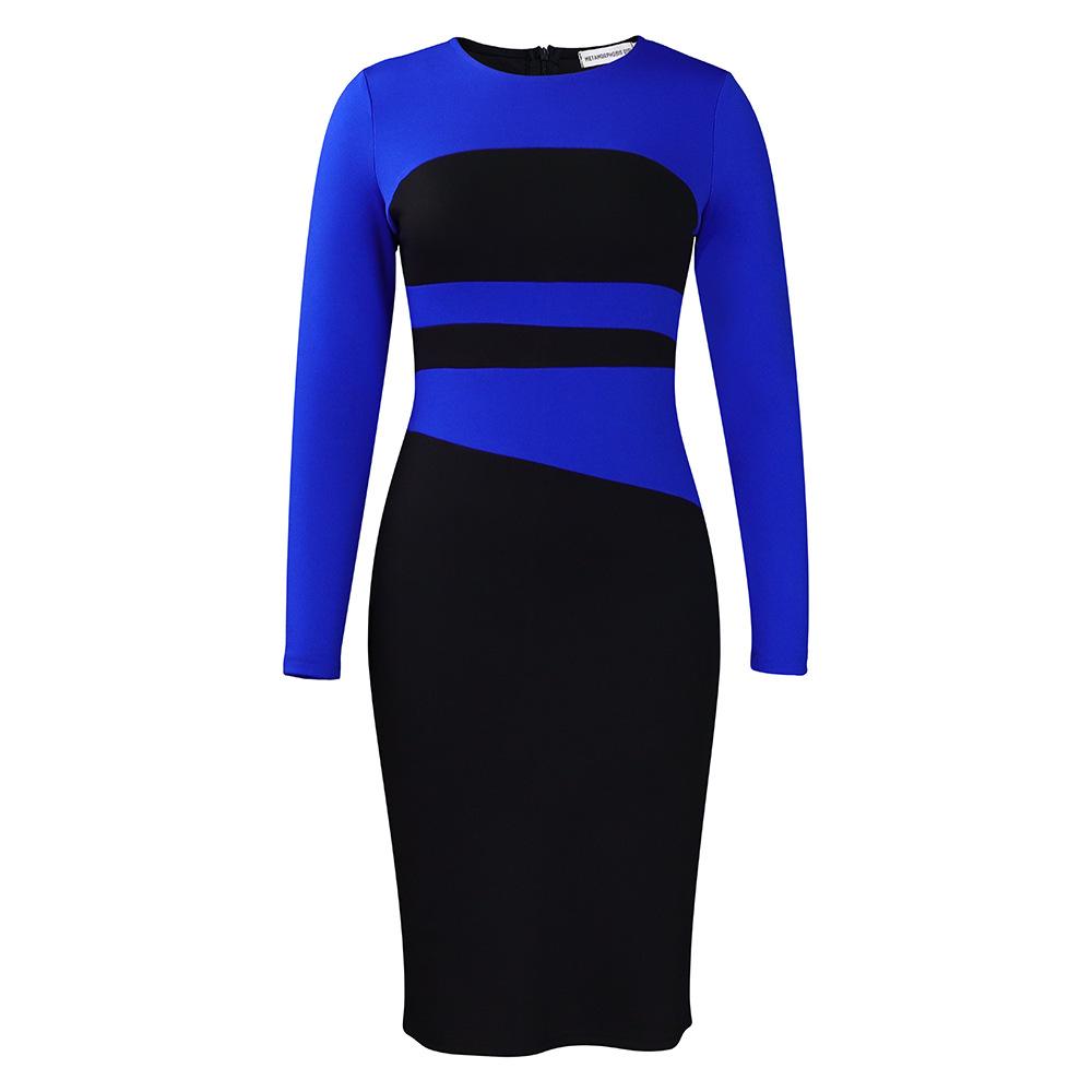

Women s new fashion temperament elegant Tongle OL color matching hip-wrapped large-size dress S королевский синий
