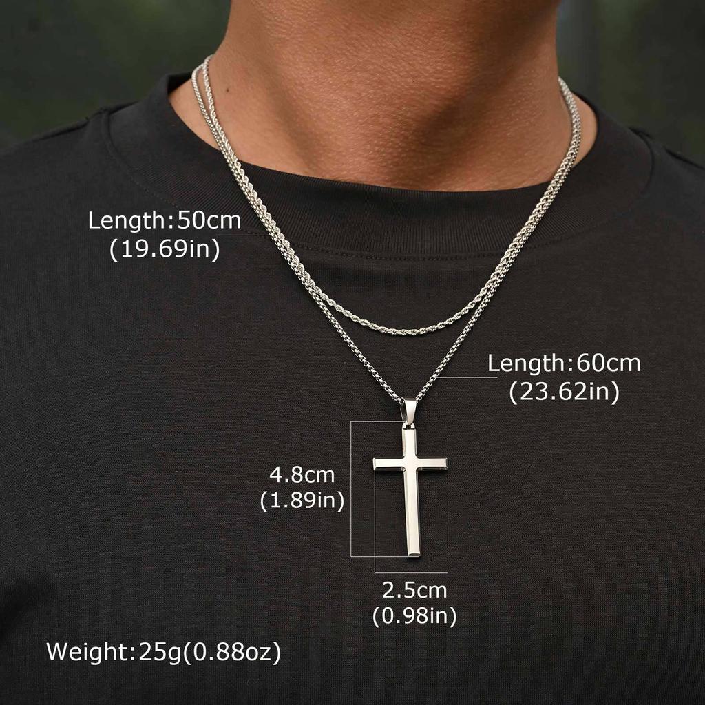 2pcs Punk Cross Necklace for Men BoysStainless Steel Stacked Chain Necklace,Male Sweater Chain Gift