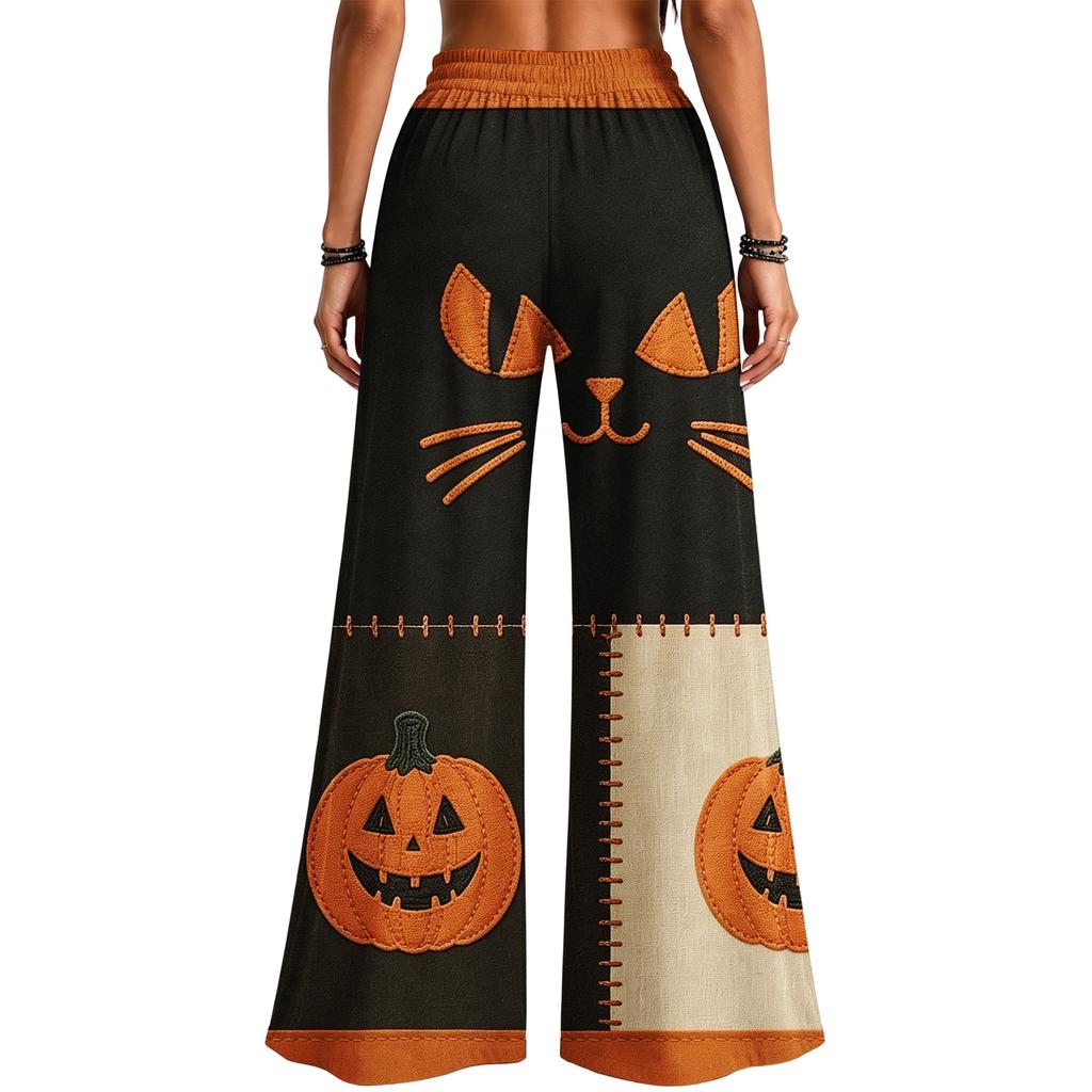 Women's Halloween Printed Patchwork Wide Leg Pants with Pockets Loose Fit Casual