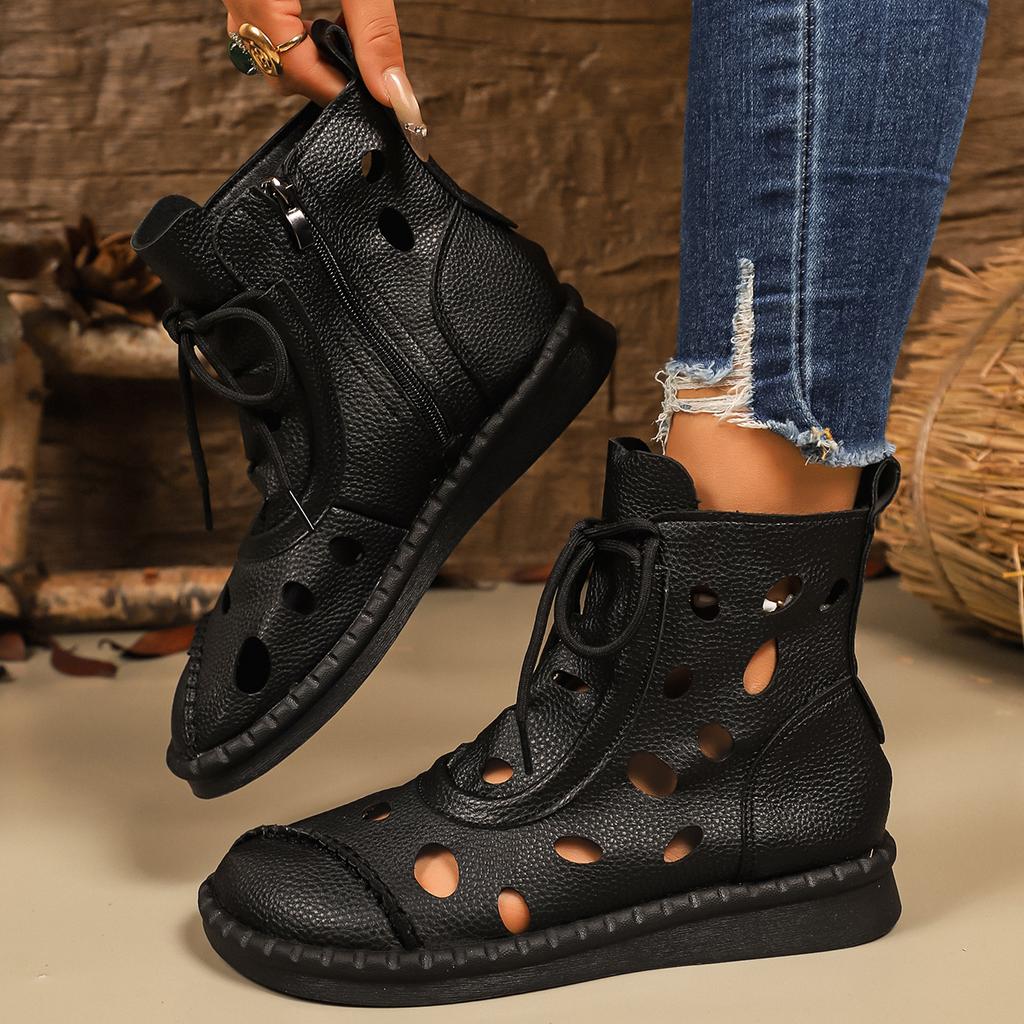 Fashion Vintage Breathable Hollowed Out Ankle Boots Women 2025 Autumn Retro Low Heel Solid Brown Boots Comfort Soft Sole Mom's Shoes