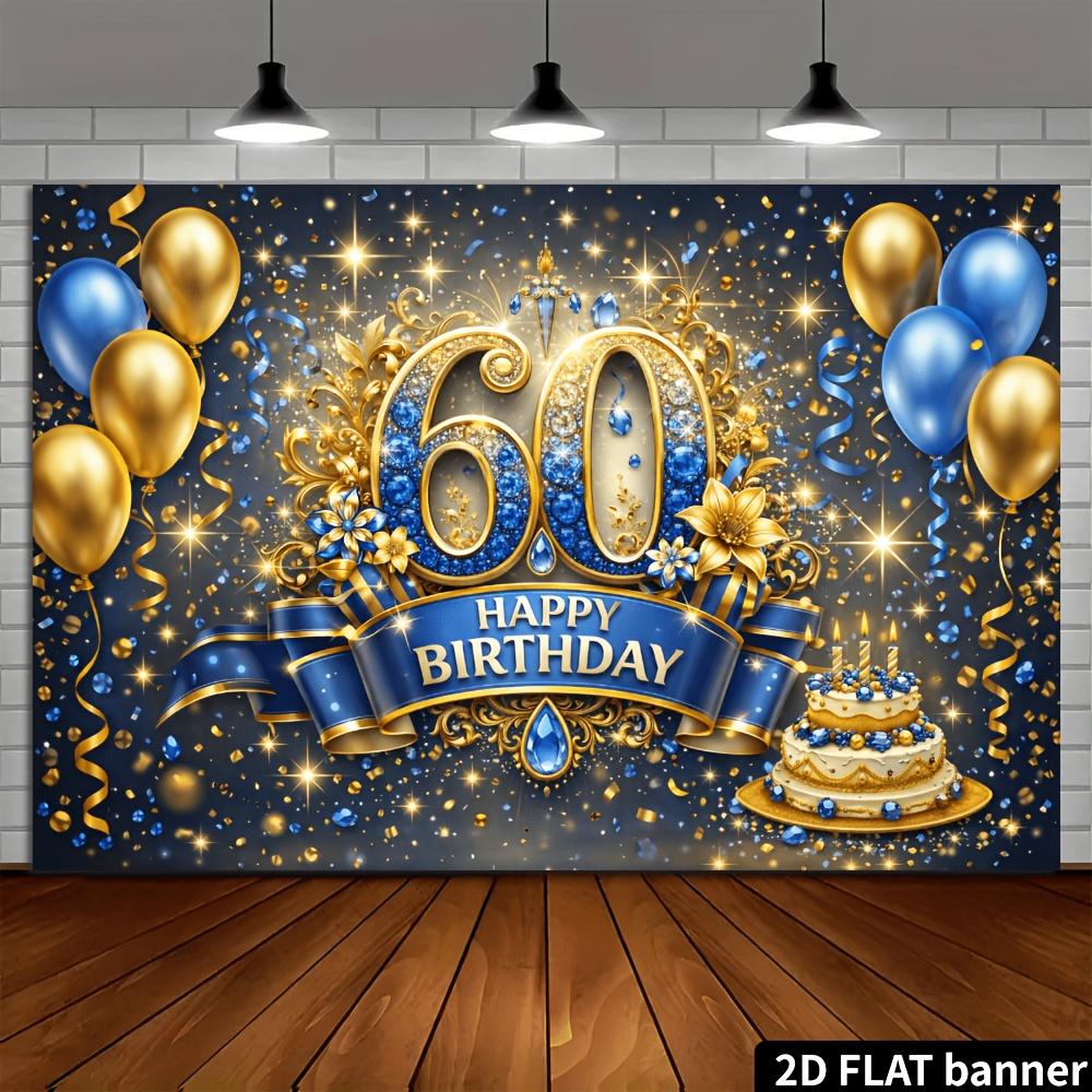 Telón de Fondo de Pancarta para Fiesta de 60 Cumpleaños 2D Tema Azul Dorado Con Globos Pastel Fuegos Artificiales Decoración Duradero No Requiere Alimentación Para Interior_ Múltiple