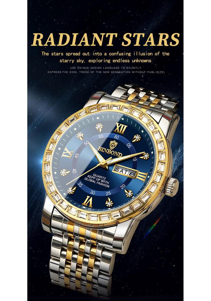 Men's Genuine Diamond-Inlaid Mechanical Watch – Trendy, Waterproof, Double Calendar, Luminous Quartz.