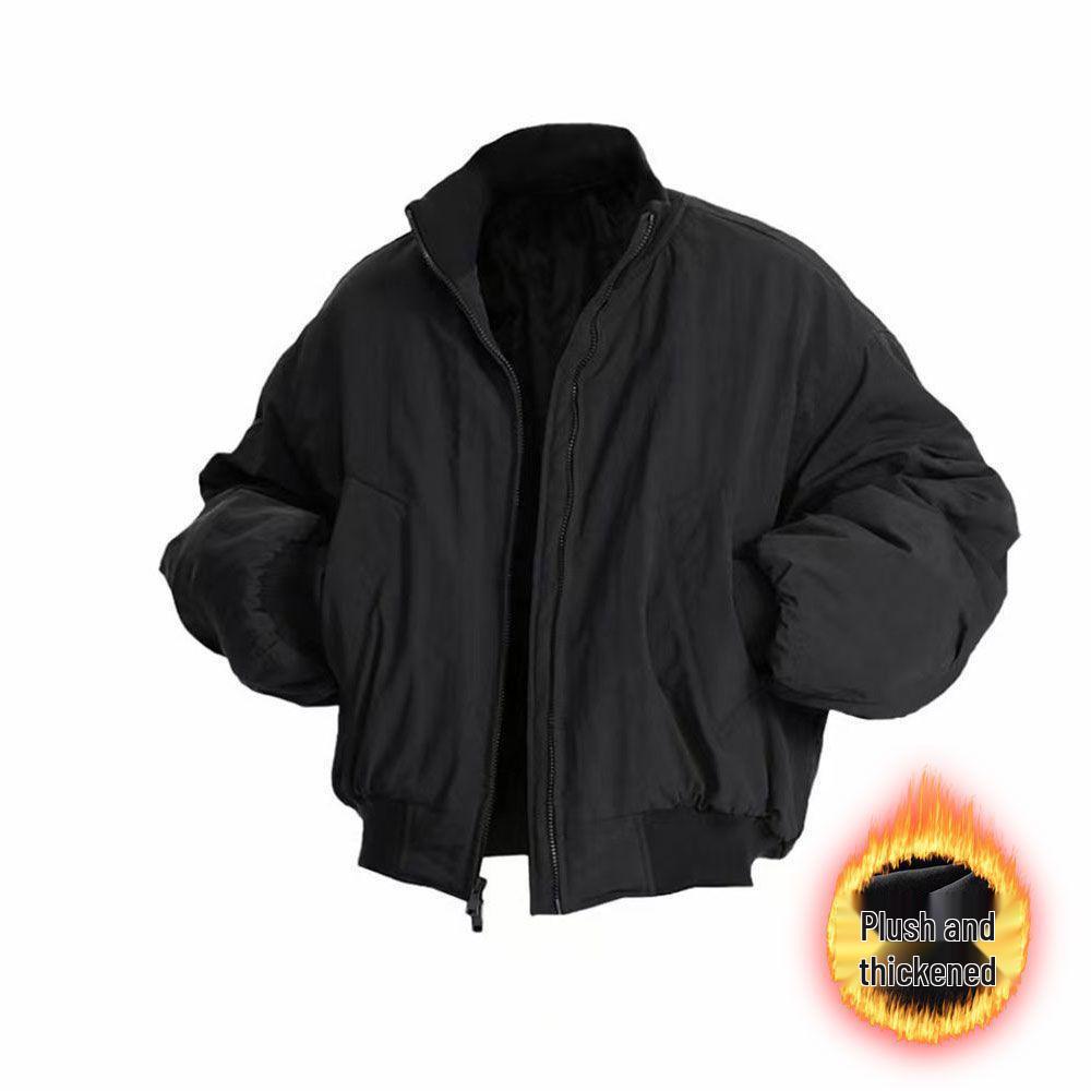 Men's Fleece-Lined Retro Jacket, Autumn/Winter, Stand-Up Collar, High-End, Versatile Solid Color