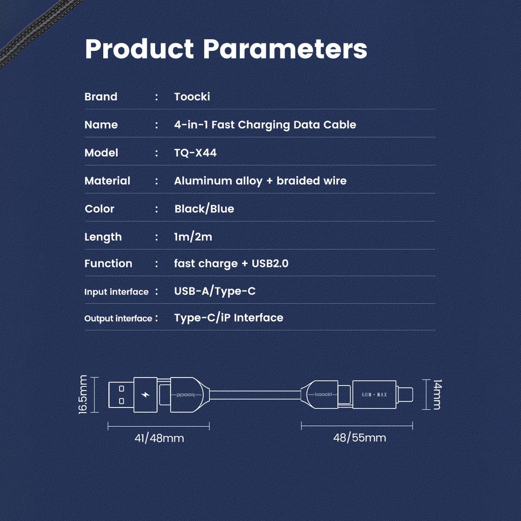 Toocki 4 in 1 Cable USB Type C to USB C / Lightning 60W 3A Fast Charging for Samsung Xiaomi Huawei Realme PD 27W Lightning Cabl