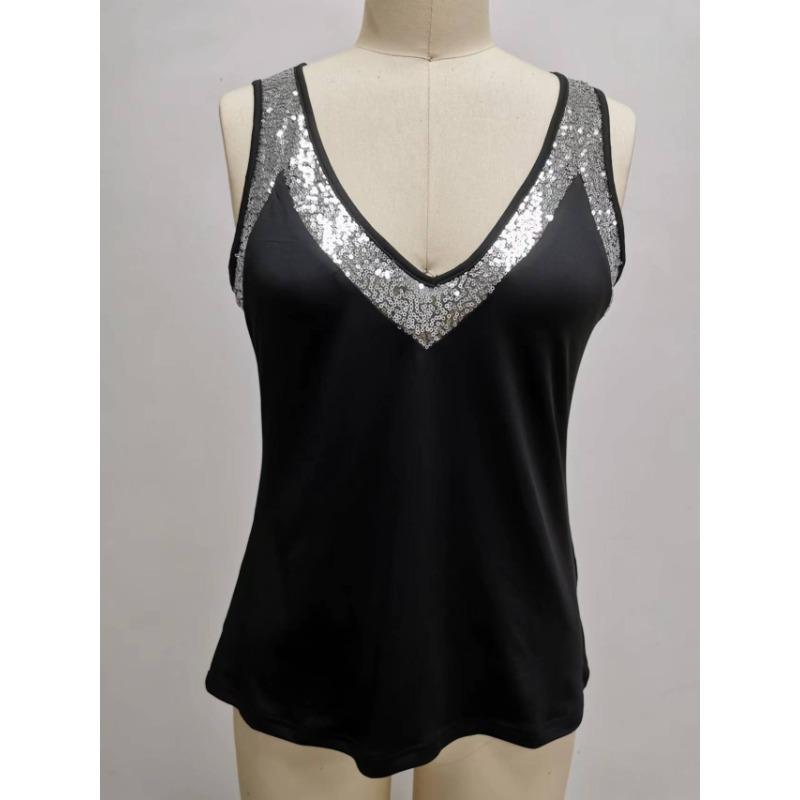Summer New Style Simple and Versatile V-neck Beaded Sleeveless Vest Women's Top