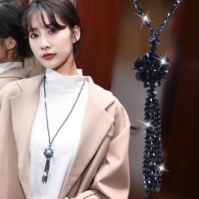 Korean Style Crystal Flower Necklace - Women's Long Chain, All-Match Accessory