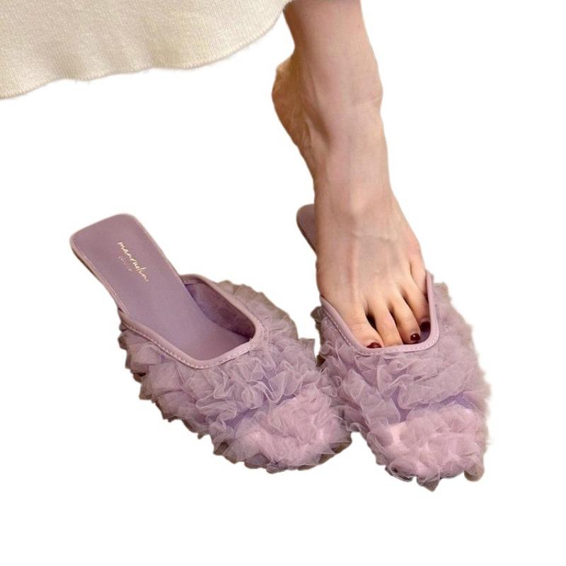 Fashion 2025 Summer Hot Sale Women’s Closed Toe Slippers Pleated Square Toe Thin Heels Sandals for Outdoor Fashion Daily Dress Slippers
