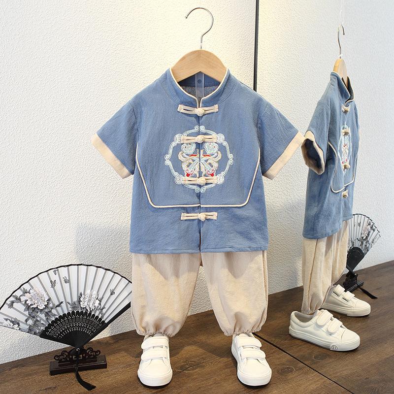 Children's Hanfu Tang suit summer short-sleeved suit boys and girls Chinese style dress handsome cotton and linen thin children's two-piece suit