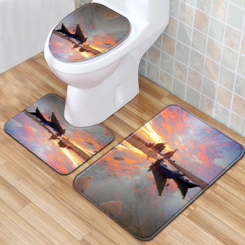 Beach View Bathroom Floor Mat Three-Piece Toilet Carpet Toilet Mat Set Door Mat Bathroom Non-Slip Mat