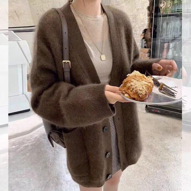 Herbst Retro V-Ausschnitt Langarm Strickpullover Jacke Damenmode Solide Casual Winter Damen Strickjacken Tops Elegant Button Up Lady Cardigan 25637