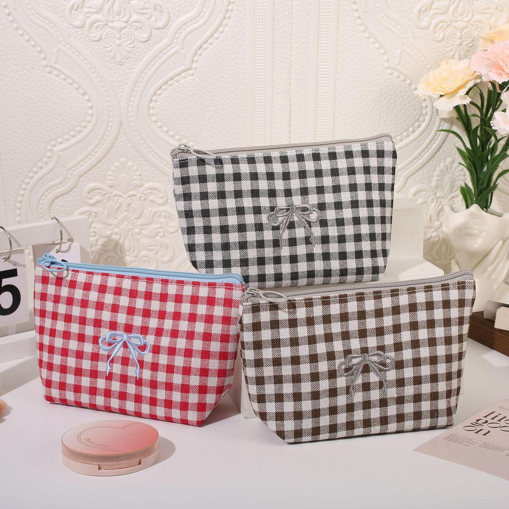 Large Plaid Makeup & Toiletry Bag with Bow Embroidery - Portable Handheld Storage & Student Pencil Case