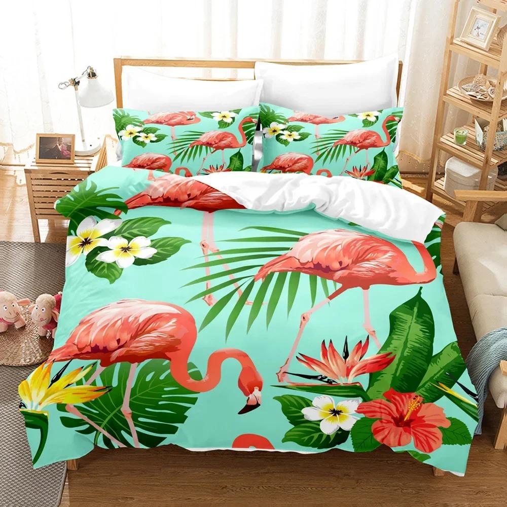 Flamingo Duvet Cover King/Queen Size Green Tropical Leaves Decor Bedding Set Palm Tree Flower Soft 2/3pcs Polyester Quilt Cover