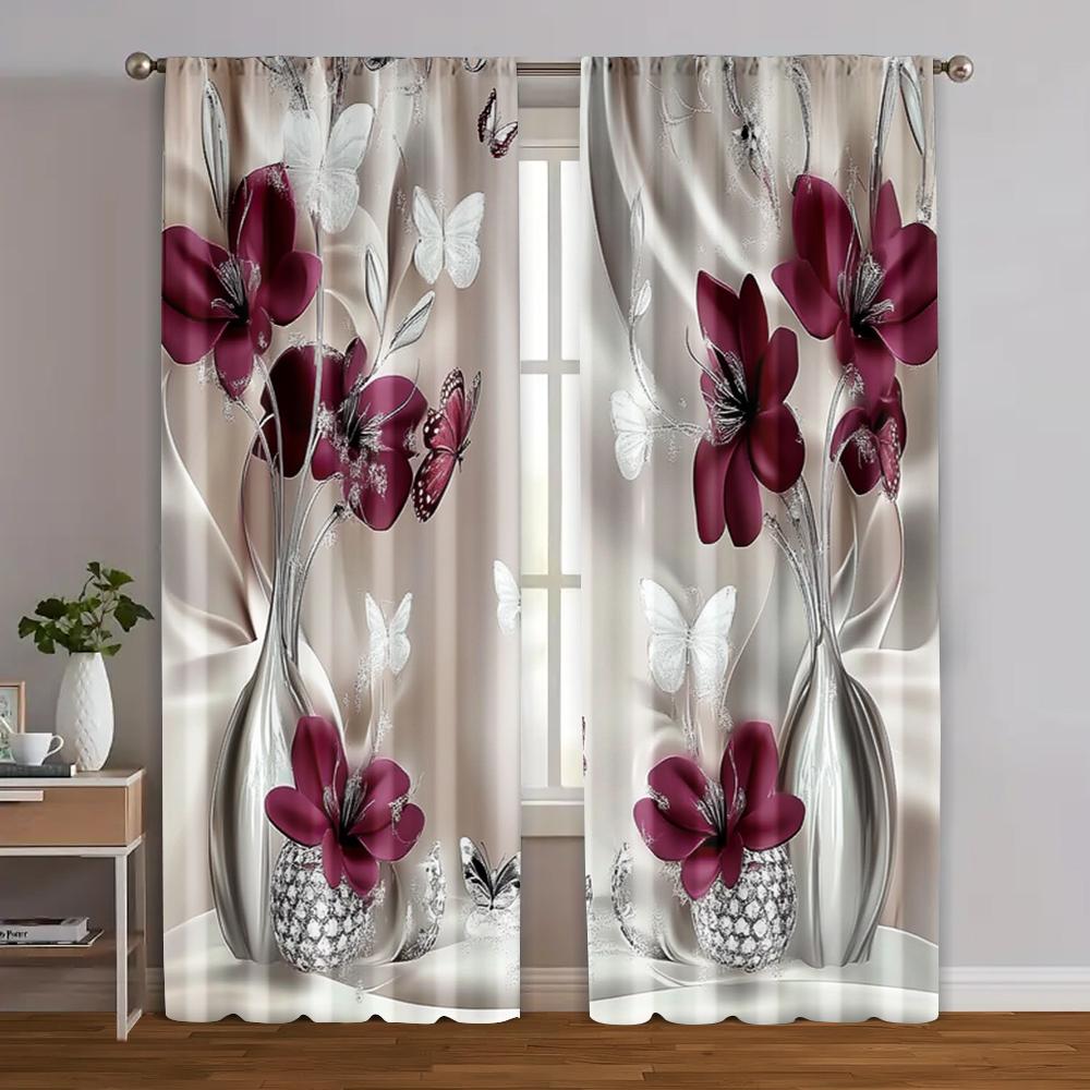 

Light Blocking Popular Curtain Panels Print Red Floral Printed Polyester Without Rod Thermal Insulation Set Of 2 Made Washable W100*H70(CM)-Grommet top&1PCS