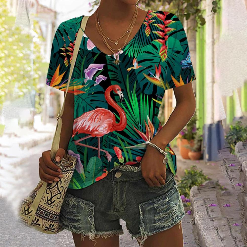 T-shirt con Stampa 3D di Piante Tropicali Floreali Pappagallo da Donna Scollo a V Manica Corta Oversize Harajuku Y2k Top Magliette Abbigliamento Donna