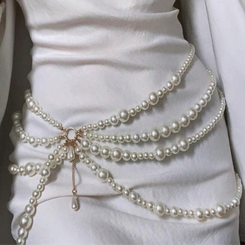 1PC Multilayer Pearl Waist Chains for Women Imitation Pearl Metal Ring Tassel Belt Fashion Elegant Body Jewelry Clothing Accessories