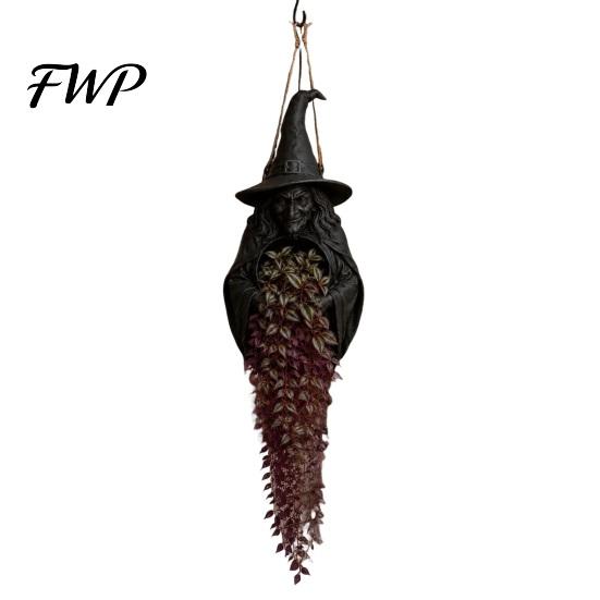 Mysterious Garden Hanging Planter Halloween for Indoor Outdoor Use, Gothic Bat Cat Witch Raven Decorative Flower Basket Plant Pot Holder, Spooky Wall