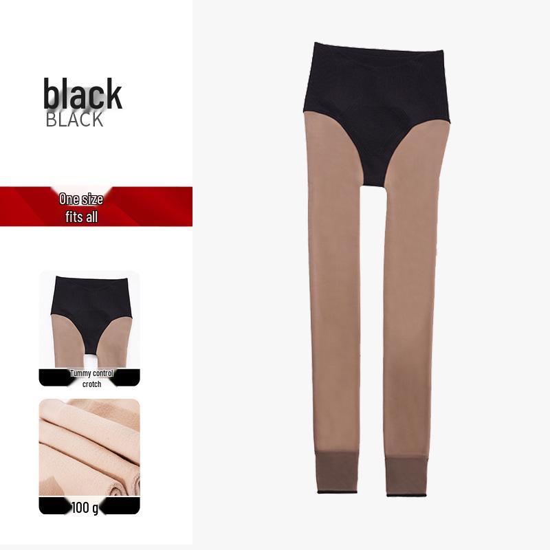 Black Double-Layered Natural Nude Plus Velvet Thickened Pantyhose Leggings for Autumn/Winter