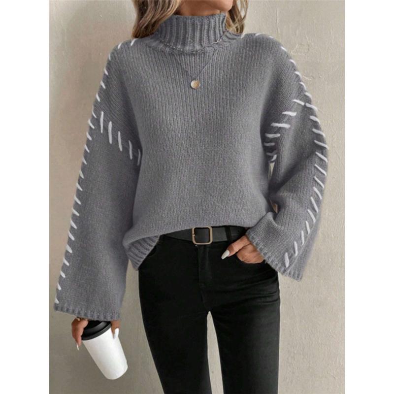Women Fall Winter Pullovers Fashion Knit Sweater Long Sleeve Knitwear Female High Neck Contrast Stitching Tops Knitwear Clothes