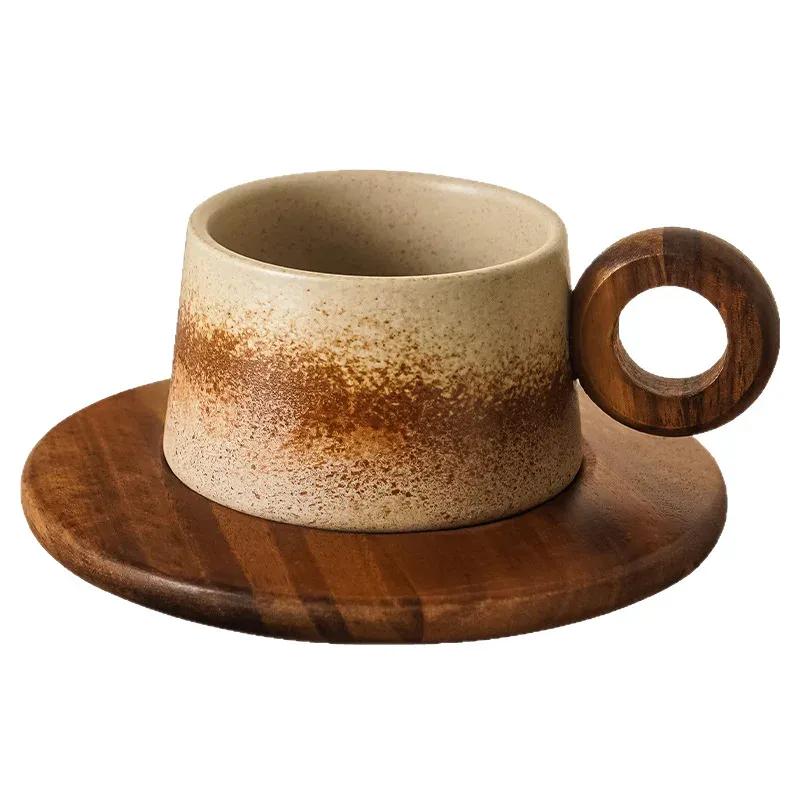 Creative Rustic Ceramic Coffee Cup with Wooden Saucer Artistic Natural Wood Ceramic Tea Cup Office Drink Mug Couple's Water Mug