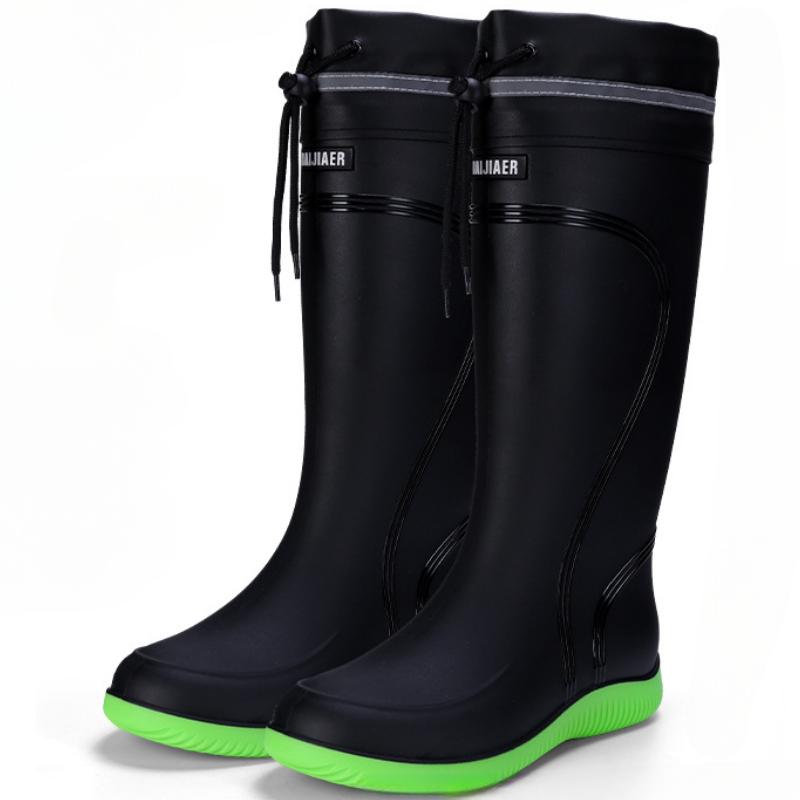 Fashion Men's Rain Boots Waterproof Mid Calf Boots Non-slip Rainproof Work Boots Outdoor Water Shoes Soft Drawstring Rubber Boot Botas