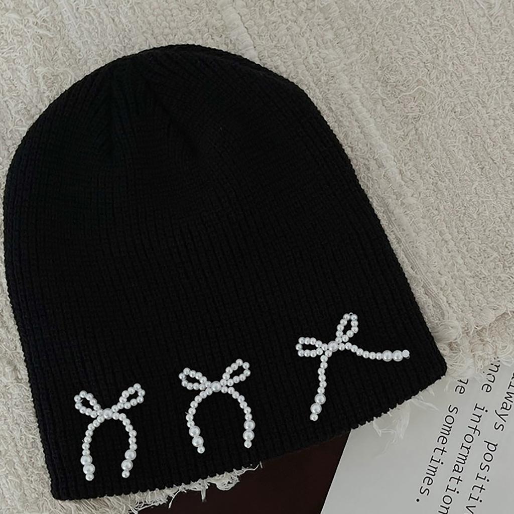 Black Women Beanie Hat Jeweled Pearls Girls Hat Photo Props Versatile Bows Studded Hat for Autumn and Winter