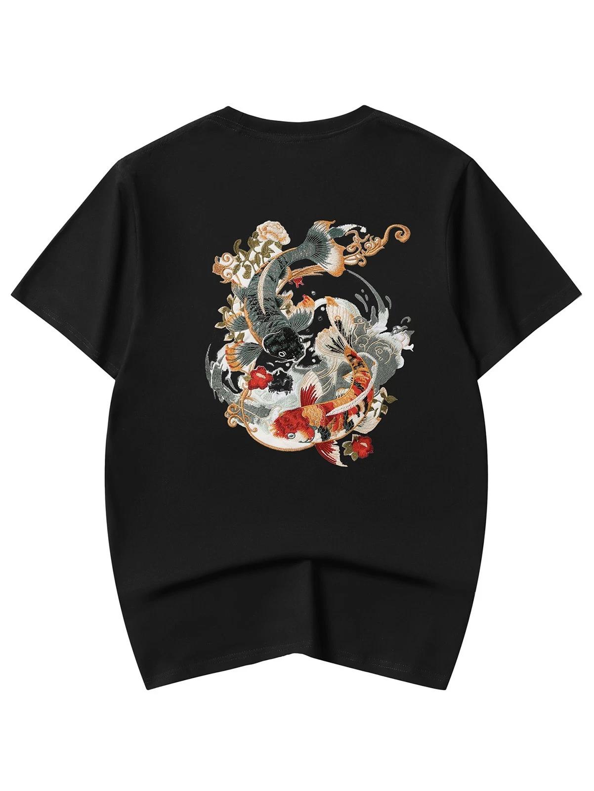 Niepce Japanese Streetwear Embroidery T-shirt Koi Graphic Tee for Men L