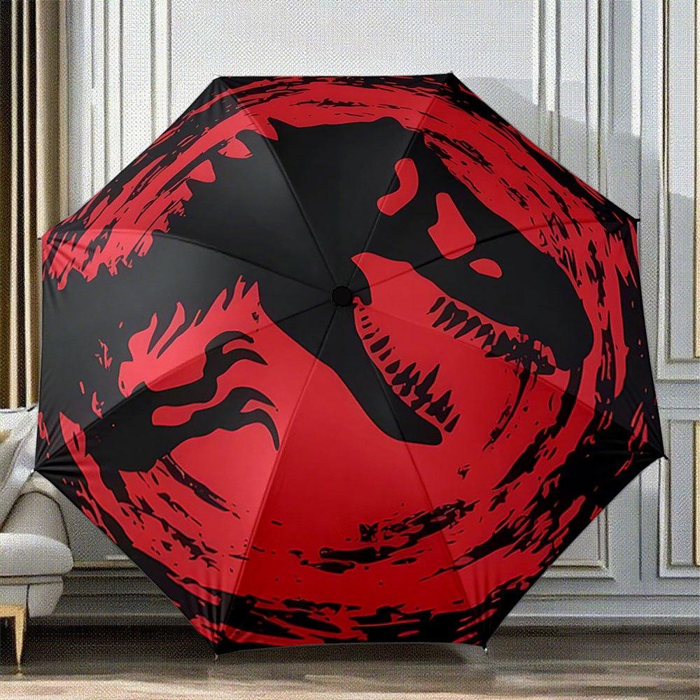 Automatic Folding Umbrella with Dinosaur Design - Red Dino&T-Rex Logo,8-Rib Compact Portable Collapsible,Auto Open/Close,s,Birthday Christ