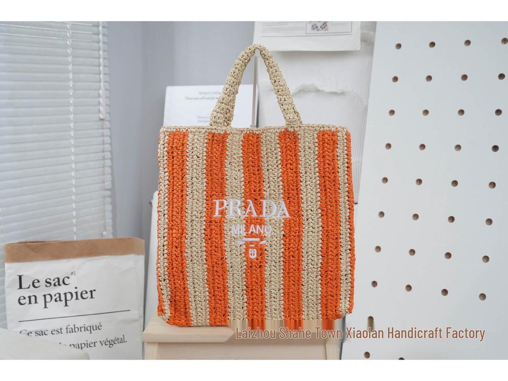 Striped Handmade Straw Tote with Letter Embroidery - Casual Beach Travel Bag