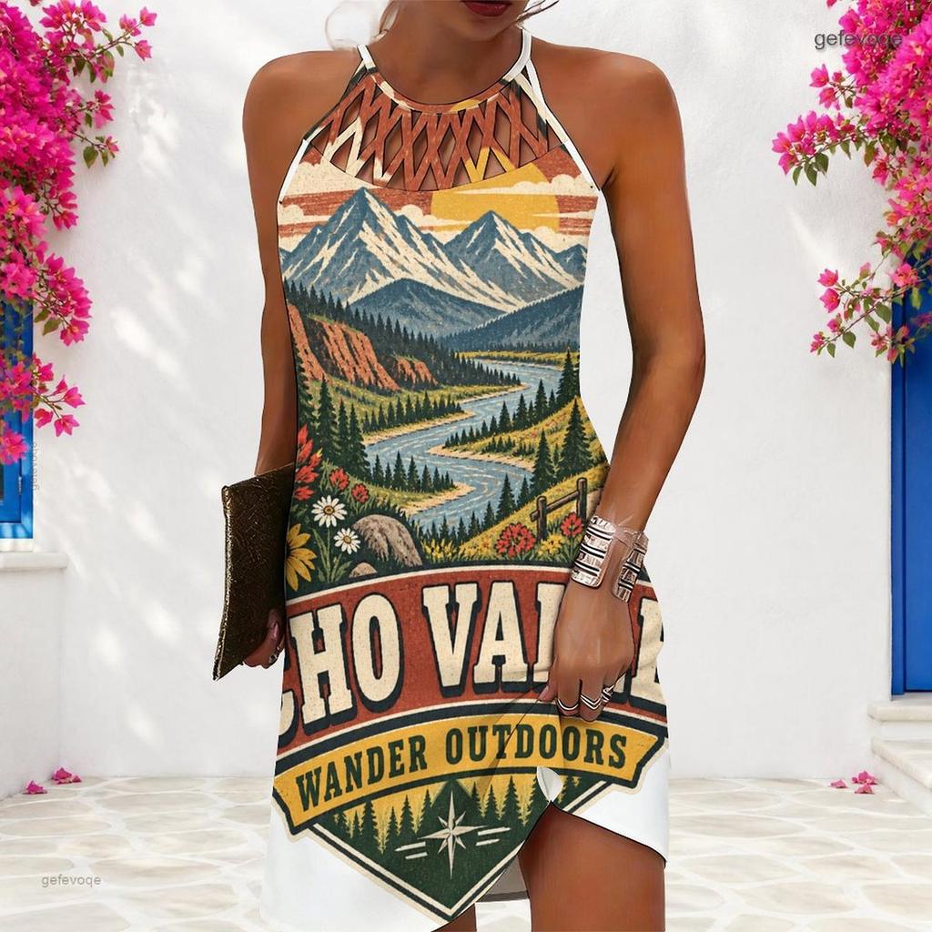 Women Plus Size Halter Criss Cross Cutout Sleeveless Printed Fitted Curved Hem Dress