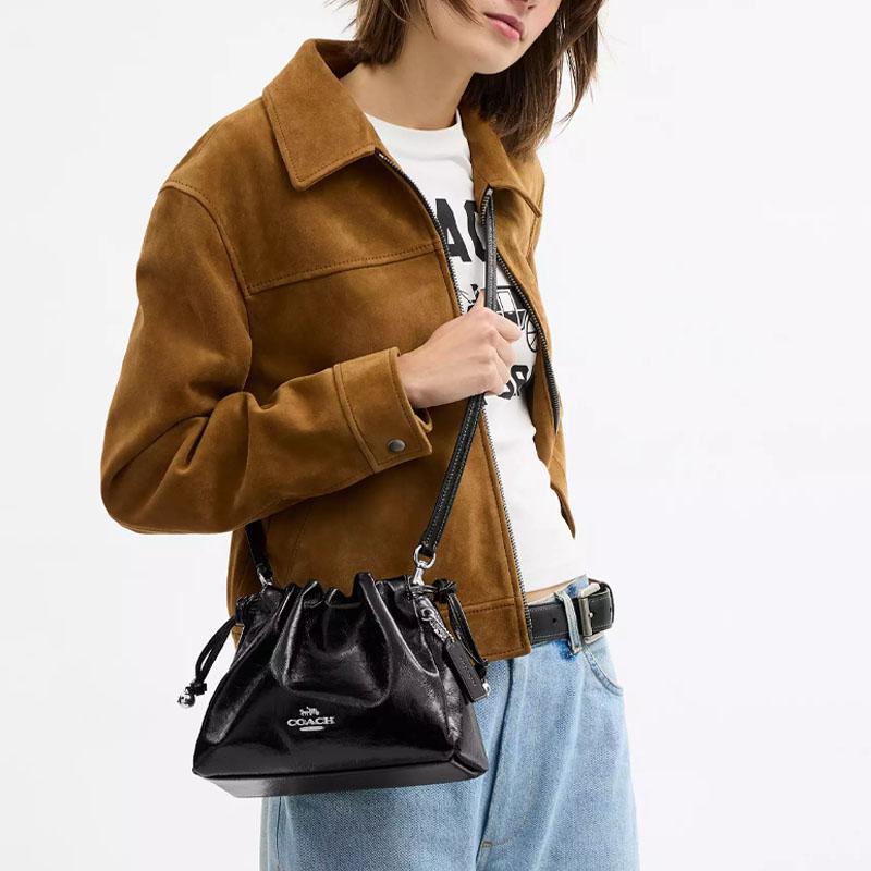 Coach Faye 22 Drawstring Closure Shiny Wrinkled Leather Shoulder Bag Small Women's Black