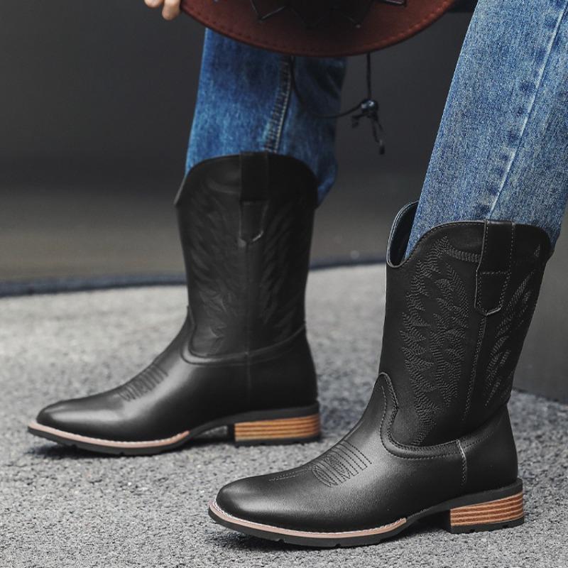Fashion Retro Men's Boots Classic Handmade Embroidery Western Cowboy Boots Fashion Casual Leather Boots Men's Mid-Calf Motorcycle Botas