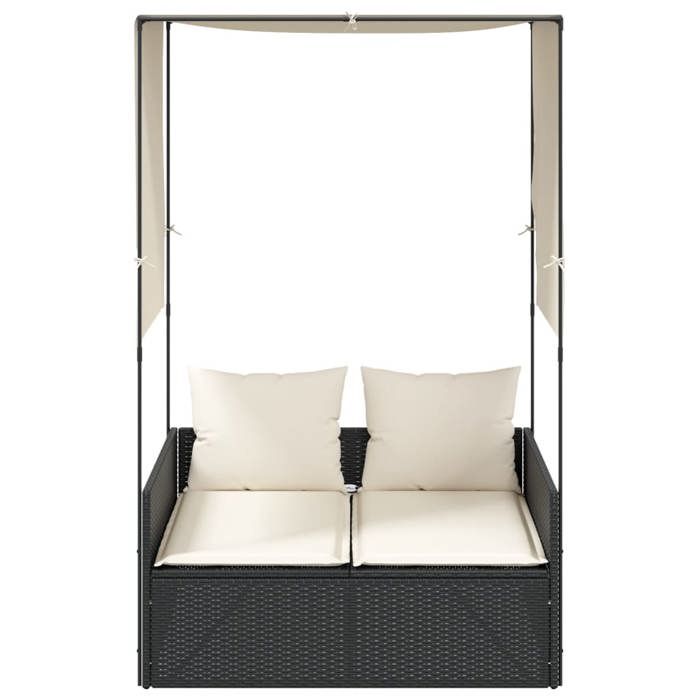 VidaXL Chaise longue double avec toit et rideaux noir résine tressée, transat, lit de jour d'extérieur, lit de jour de 4002755