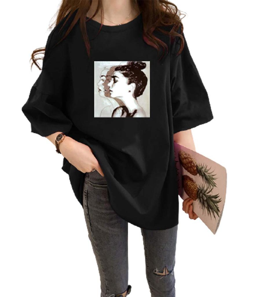Qianqian Women's Oversized T-Shirt, Short Sleeve, Loose Fit, Cotton, Korean Style, Harajuku Style, Summer (White), One Size Fits All