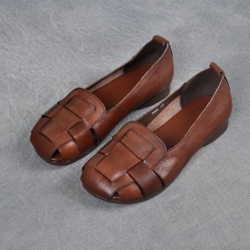 Soft Leather Hollow Woven Sandals Women's Spring and Summer New Flat-soled Single Shoes Retro Soft-soled Non-slip Sandals