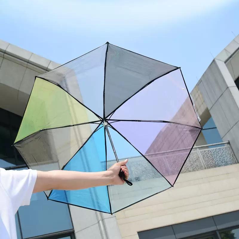 Rainbow Transparent Umbrella for Women, Foldable, Fully Automatic, Fresh and Forest-Style, Personalized, for Couples, Students, Creative, Manual