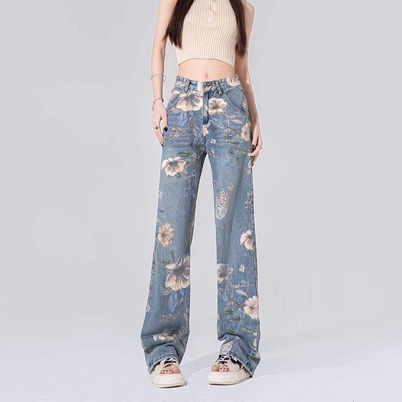 

Женские джинсы с высокой талией и широкими штанинами с ретро-принтом - Весна-Лето 3XL