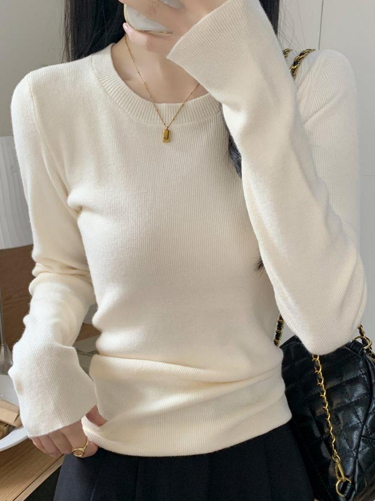 2025 Light Blue Chic Korean Slim-Fit Round Neck Sweater - Spring Age-Reducing Knitted Base Layer