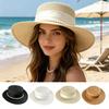 Women Sun Hat Breathable Wide Brim Flat Top French Style Straw Woven Hat with Ribbon Faux Pearls Decoration Summer Outdoor Hat