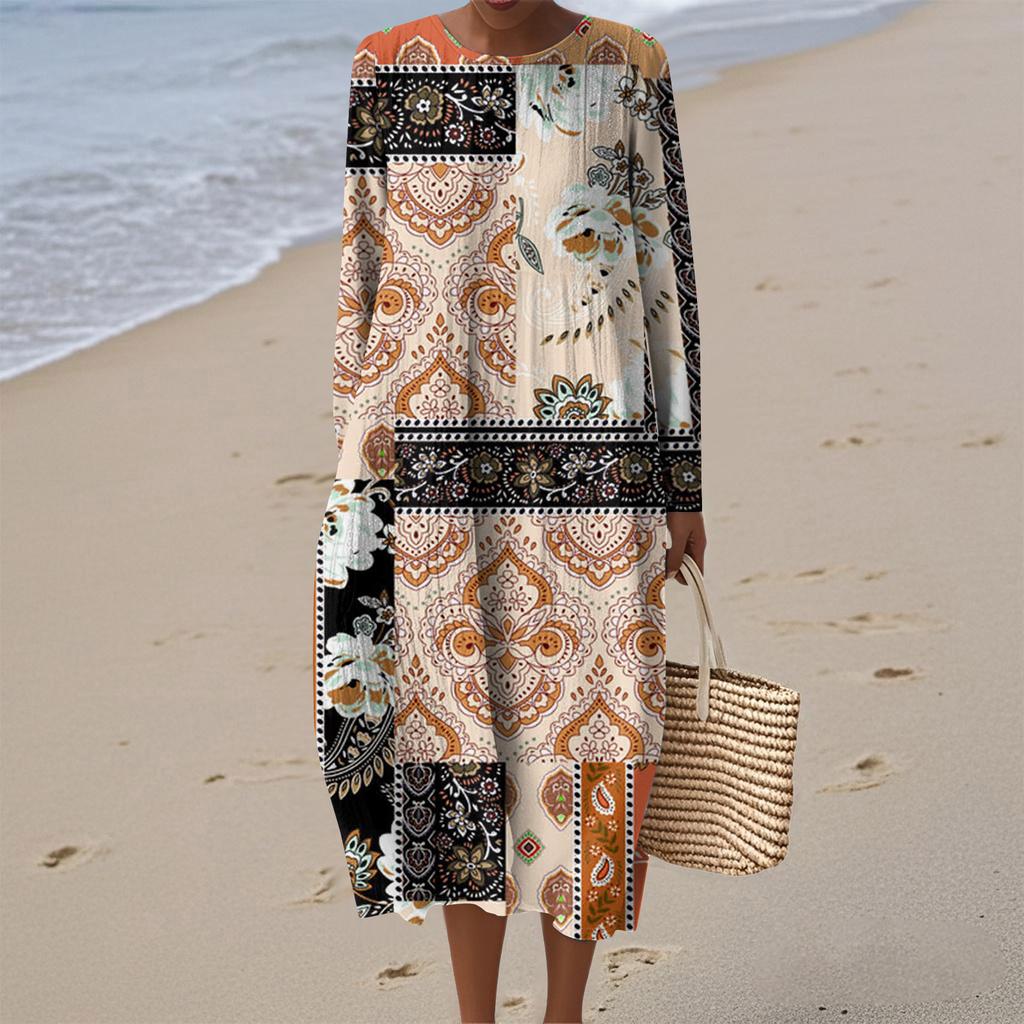 Women's Fashionable Casual Long-Sleeved Round Neck Retro Geometric Print Elegant Dress