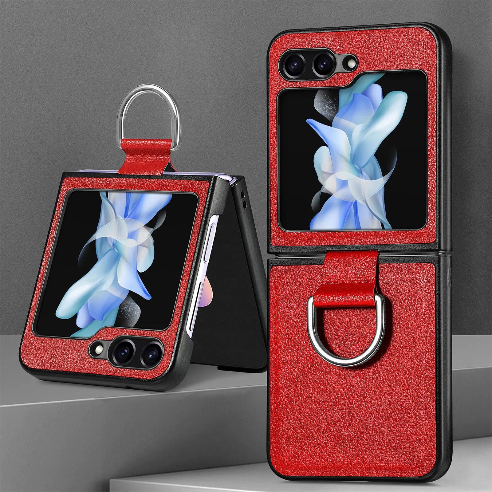 

For Samsung Z Flip 7 6 5 4 3 2 flip7 FE flip6 flip4 flip3 Leather Finger Ring Case for Samsung Galaxy Z Flip 5 Flip5 5G Cover Galaxy Z Flip5 красный