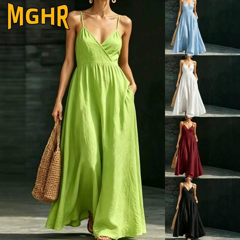 MGHR Women's Fashion Sleeveless V-Neck Summer Spring Solid Color Print Casual Dresses